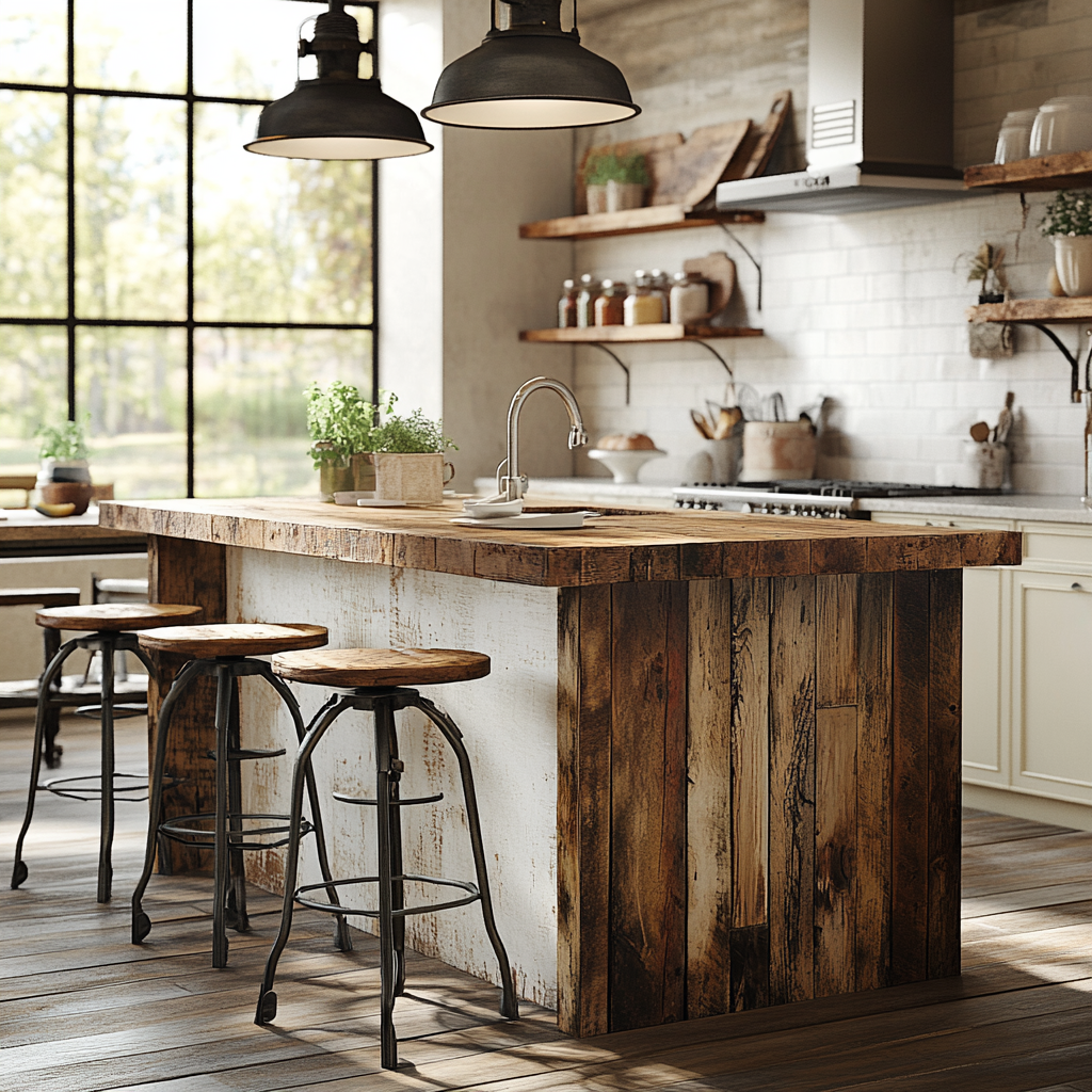 A rustic-chic kitchen featuring a handmade wooden island made from reclaimed barn wood, surrounded by cushioned barstools with wrought iron legs, neutral creams and soft whites with accents of sage green and sunflower yellow. Open shelving displays DIY painted ceramic knobs. A farmhouse-style dining table is positioned near a window, illuminated by natural light. Vintage-inspired pendant lamps and recessed lights cast a warm glow. Various textures including glazed ceramics, rough-hewn wood, and woven fabrics contribute to a cozy atmosphere. An antique cast iron stove repurposed for storage adds a unique touch.