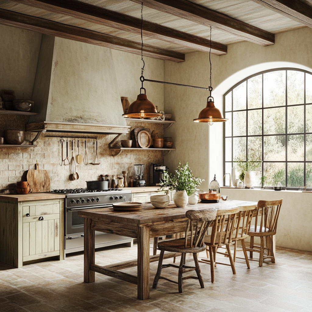 A rustic-chic kitchen with earthy colors, distressed wooden farmhouse table, reclaimed wood island, vintage pendant lights, mullioned windows with sheer linen curtains, rough-hewn wooden beams, stone backsplashes, terracotta tile flooring, cast iron range cooker, butler sink, and open shelving with antique kitchenware.