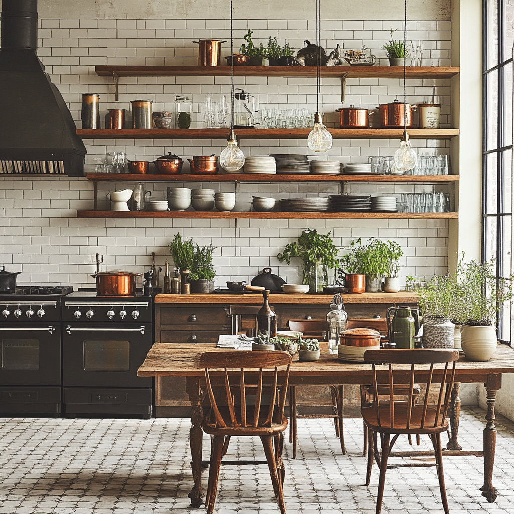 Kitchen interior with reclaimed wood open shelving, stocked with copper pots, pottery, vintage glassware, and potted plants. Features farmhouse table, mismatched chairs, large windows, and vintage cast iron stove.