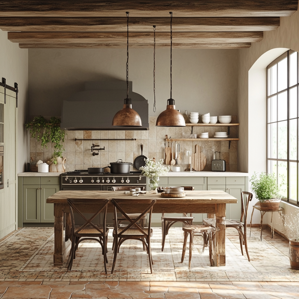 Rustic-chic style kitchen with earthy tones, featuring a distressed wooden farmhouse table, reclaimed wood island, vintage pendant lights, natural and artificial lighting, stone backsplashes, terracotta tile flooring, and antique kitchenware.