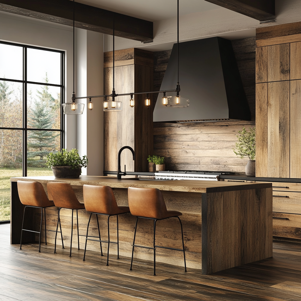 Photorealistic image of a rustic-chic kitchen blending rustic aesthetics with modern design, featuring a reclaimed wood island, distressed leather bar stools, rustic cabinetry, stainless steel appliances, hand-scraped wooden floors, a hammered copper sink, and a dramatic cast-iron range hood.