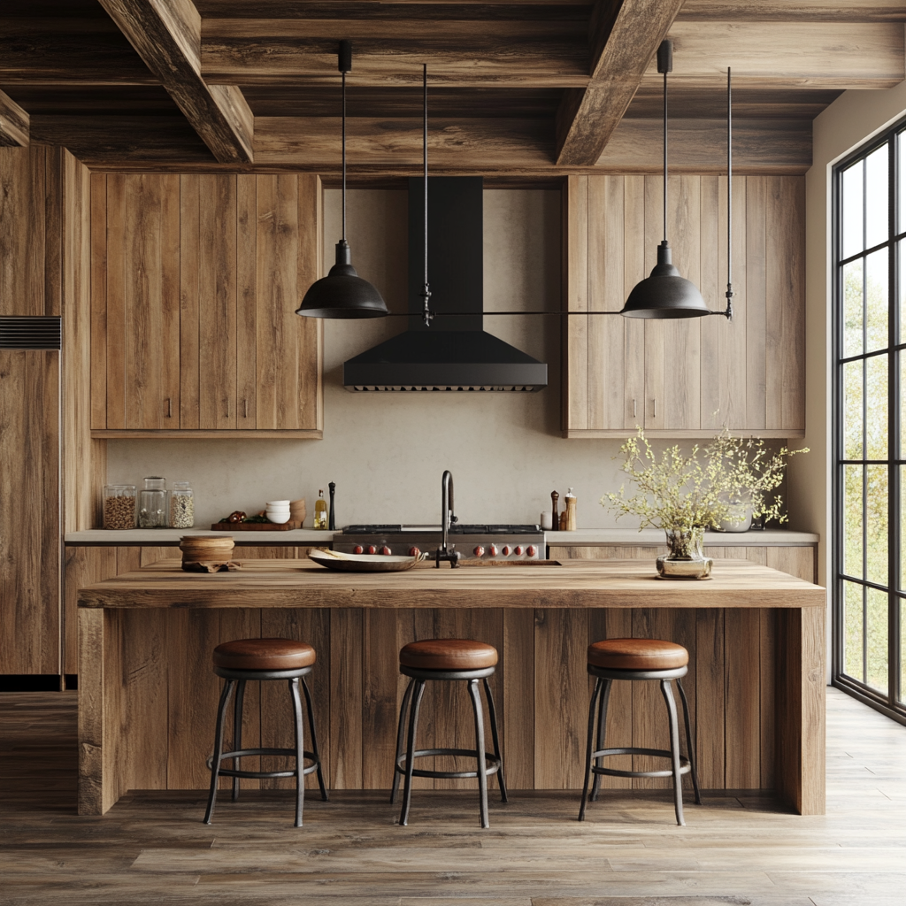 Photorealistic image of a rustic-chic modern kitchen showcasing a large reclaimed wood island, distressed leather bar stools, rustic wood cabinetry, stainless steel appliances, a cast-iron range hood, natural stone backsplash, and a mix of natural and vintage-inspired lighting.