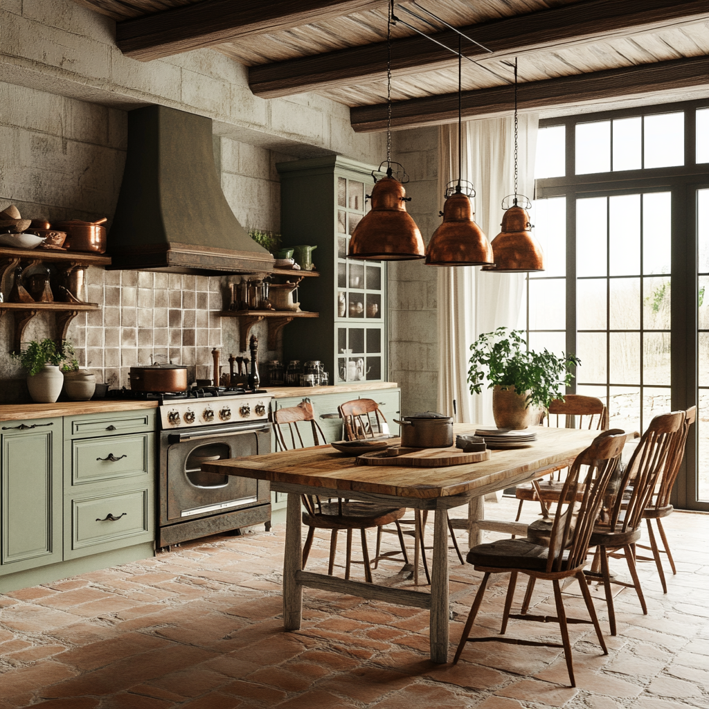 A rustic-chic kitchen featuring a distressed wooden farmhouse table, mismatched vintage chairs, a reclaimed wood island with wrought iron detailing, reclaimed wood cabinets with antique brass handles, vintage pendant lights, and natural lighting from mullioned windows. Key elements include a cast iron range cooker, a butler sink, and open shelves with antique kitchenware.