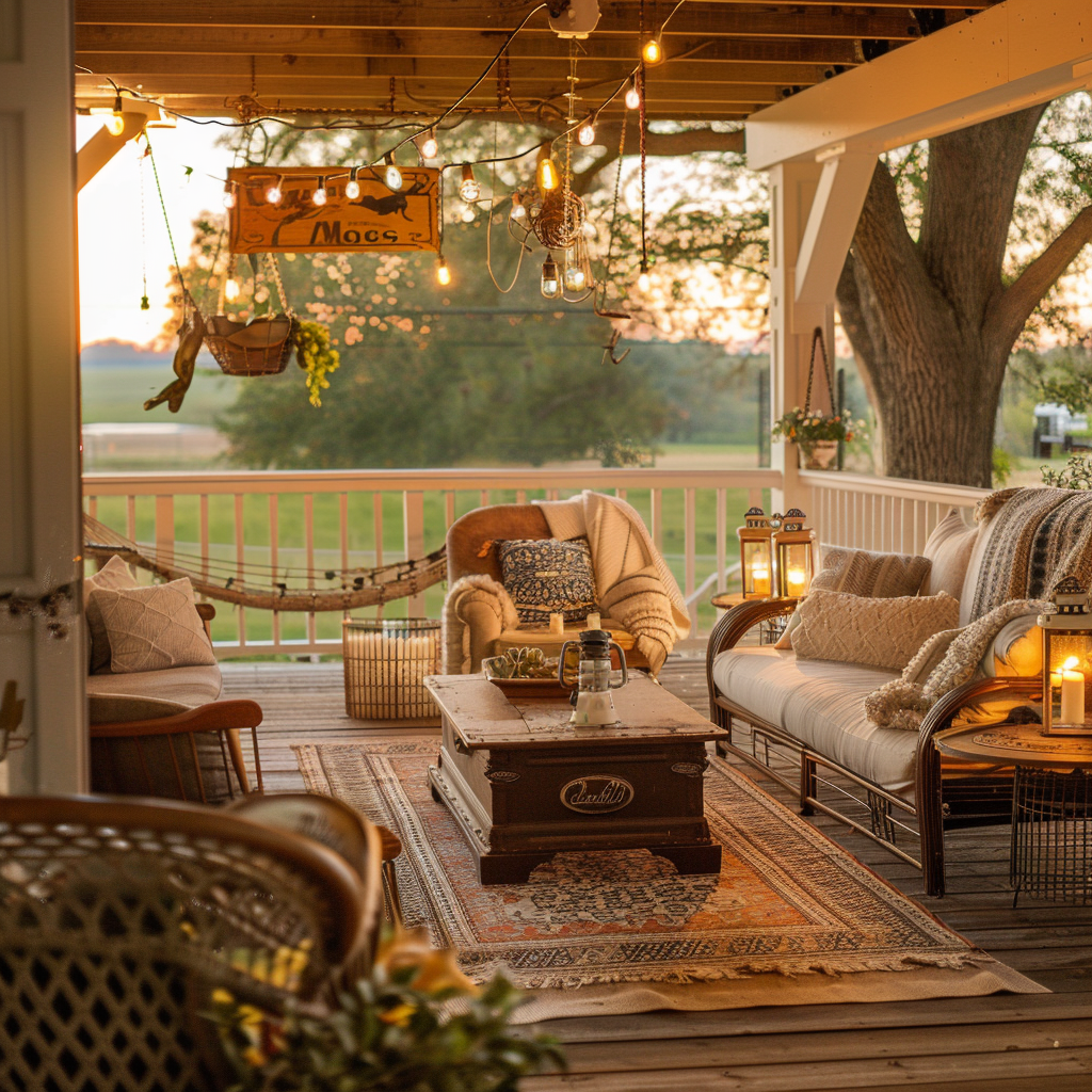 A rustic outdoor living room with vintage charm at golden hour, featuring a reclaimed wood coffee table, a distressed farmhouse dining set, a vintage metal glider sofa, and Edison bulb string lights. Earthy tones and varied textures create a cozy atmosphere.