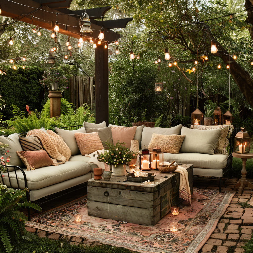 Rustic farmhouse outdoor living room at twilight with vintage sofas, reclaimed wood coffee table, oriental rug, Edison bulb lights, and cozy accents like throw pillows, blankets, and a fire pit, all rendered in 8K resolution.