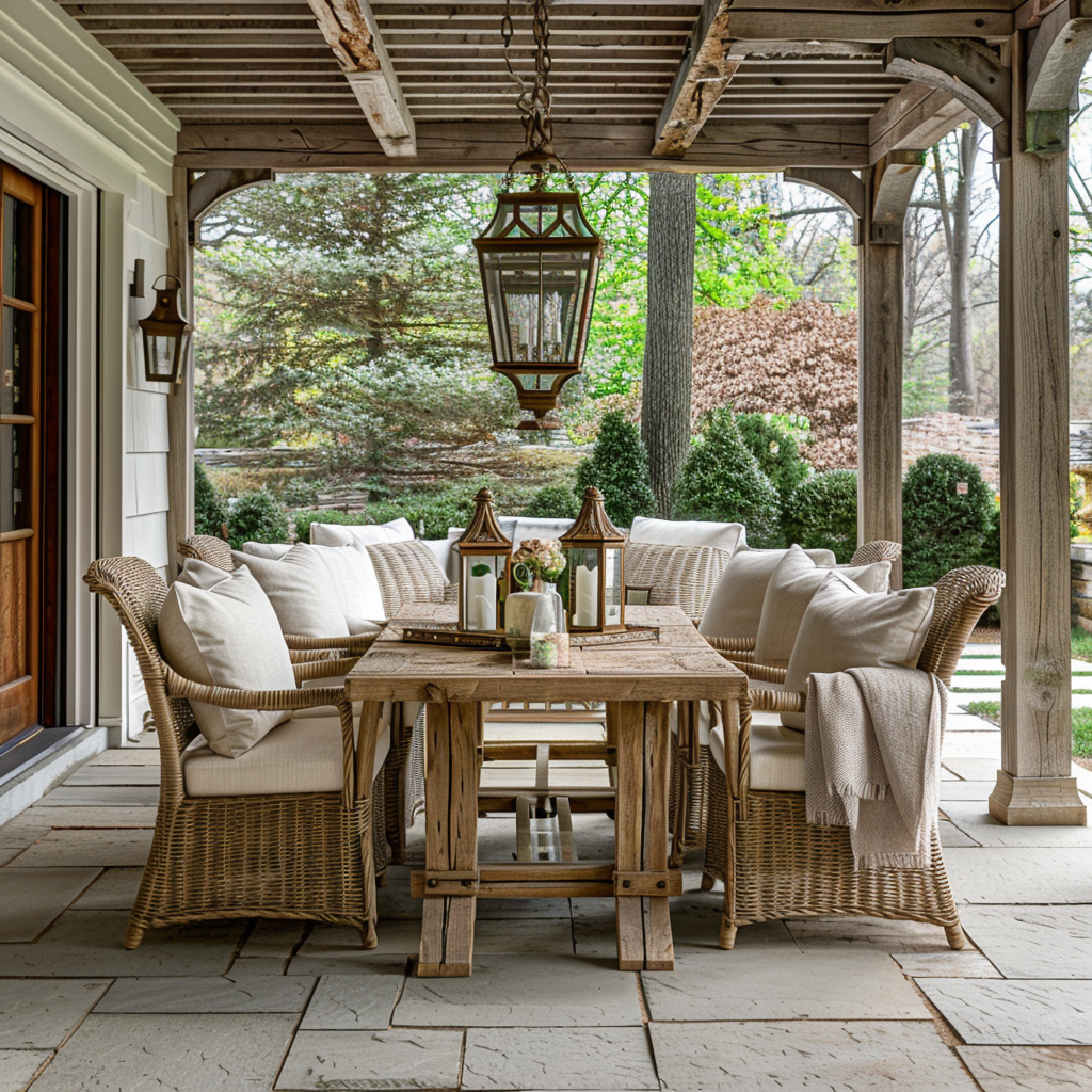 Serene outdoor living room with rustic farmhouse charm, featuring an oak dining table, hand-carved chairs, an outdoor sofa with neutral cushions, and vintage lanterns. Bathed in natural light with lush greenery and a weathered barnwood fence in the background.