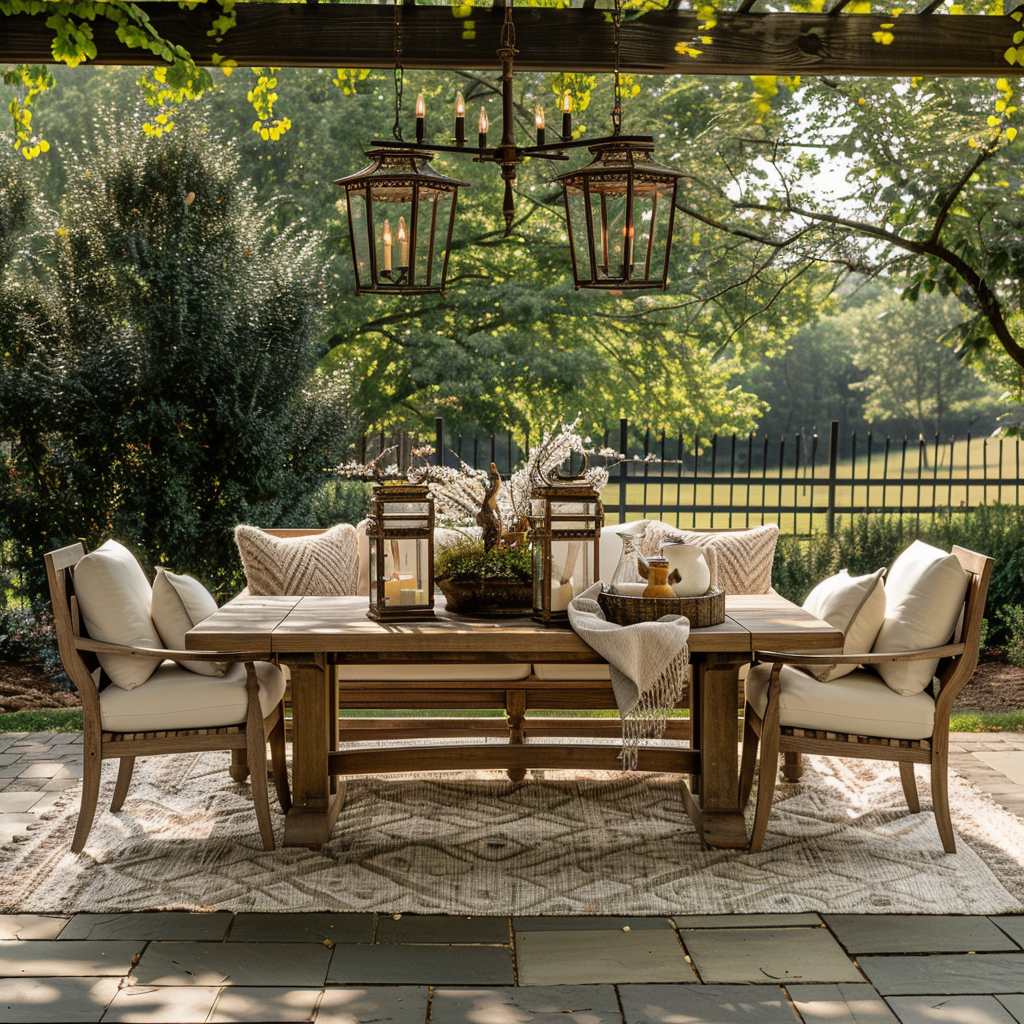 Serene outdoor living room with rustic charm and farmhouse flair, featuring a weathered oak dining table, hand-carved wicker-backed chairs, a deep-seated sofa with neutral cushions, reclaimed wood side tables with lanterns, and an antique wrought-iron chandelier, under natural light with a backdrop of a weathered barnwood fence.