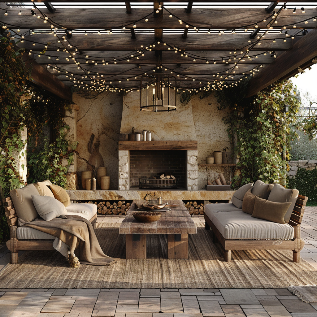 Rustic farmhouse style outdoor living room with natural earthy tones, reclaimed wooden coffee table, linen seating, decorative throw pillows, string lights on pergola, wrought-iron chandelier, rough-hewn stone accents, and outdoor fieldstone fireplace in a tranquil countryside setting.