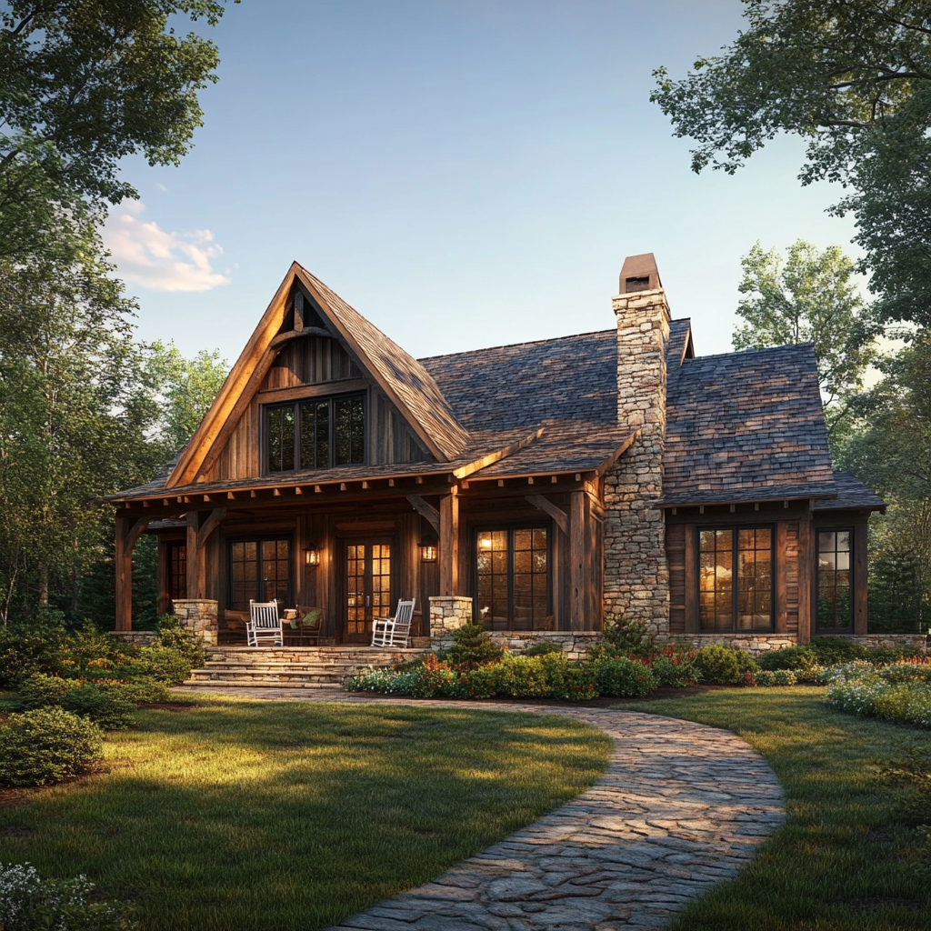 Tranquil rustic home exterior with wood finishes and a stone foundation, surrounded by forested landscape and glowing at golden hour. Features include symmetrical design with two gables, a wide porch with rocking chairs, large windows with dark frames, a brick chimney, and a natural garden with wildflowers and a cobblestone pathway leading to a wooden front door.