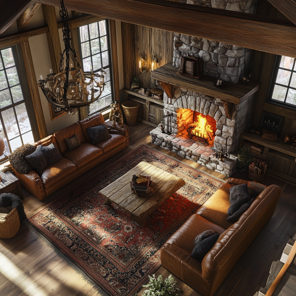 Cozy rustic living room featuring a grand stone fireplace, plush tan leather sofa, antique wooden coffee table, natural wood and stone textures, forest green accents, and a vintage bear skin rug.