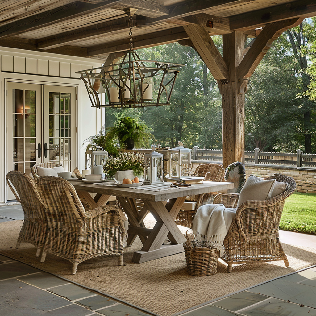 Serene outdoor living room with rustic charm, featuring weathered oak dining table, wicker-backed chairs, neutral-toned sofa, reclaimed wood side tables, vintage lanterns, and an antique wrought-iron chandelier. Natural light filters through trees onto the flagstone patio and barnwood fence backdrop.