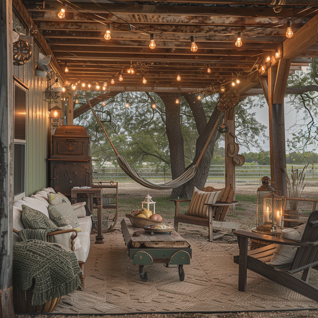 Rustic outdoor living room with vintage and antique elements, warm golden hour lighting, earthy tones, and cozy farmhouse charm.