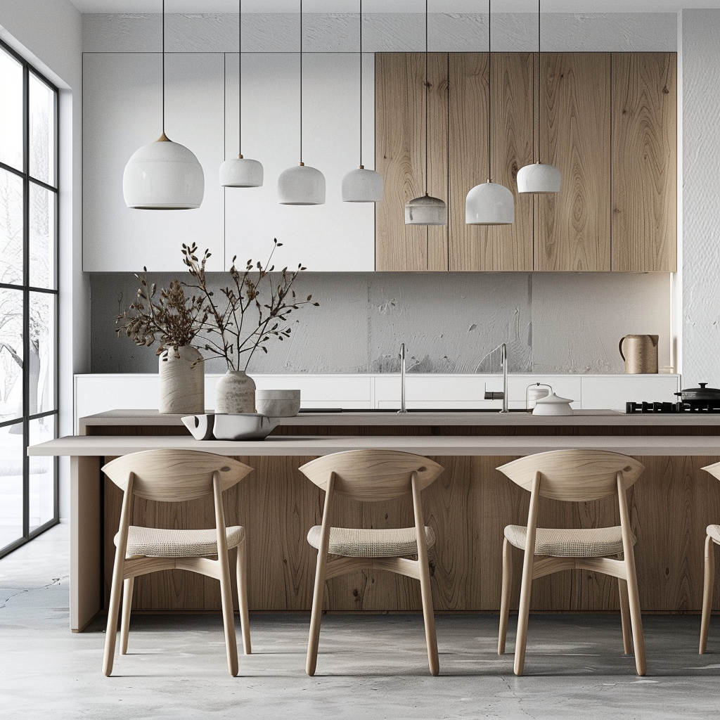 A Scandinavian-style kitchen with minimalist design, featuring soft grey and white tones, accented by natural wood. Central are slender kitchen chairs with textured cushions, beneath modern pendant lights. Natural light streams through large windows, illuminating the concrete floor and wood dining table.