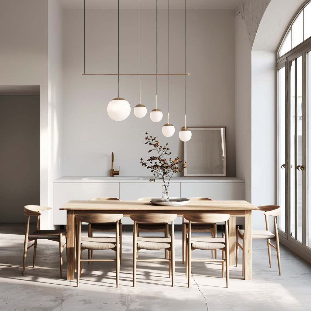 Photorealistic 8K image of a minimalist Scandinavian kitchen with soft grey and white tones, light wood chairs with cushions, modern pendant fixtures, and natural light streaming in through large windows.