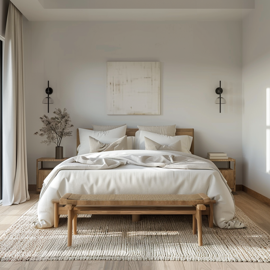 A serene minimalist bedroom with a neutral color palette, featuring a light wood bed frame, matching nightstands, an elongated bench, ample natural light from large windows, and soft ambient lighting. The room is decorated with organic fabrics, a plush woven area rug, abstract wall art, and a potted green plant.