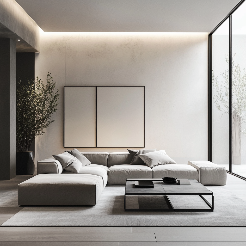 A photorealistic, minimalist modern living room with neutral tones, featuring a low-profile light gray modular sofa, a black metal-frame glass coffee table, a matte white wall-mounted console, and large windows allowing natural light.