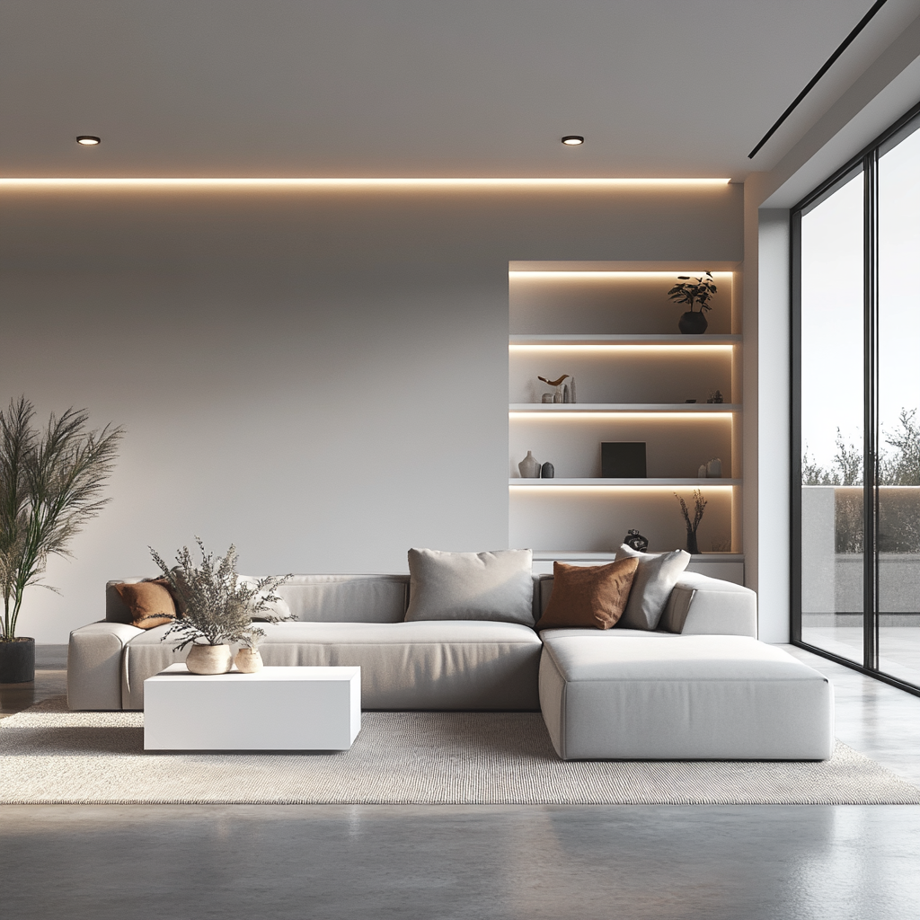 Photorealistic image of a minimalist modern living room featuring a light gray sectional sofa, white coffee table with hidden drawers, floating white shelves, built-in storage unit, natural and recessed lighting, polished concrete floor, and a textured area rug, exemplifying a serene, clutter-free design.