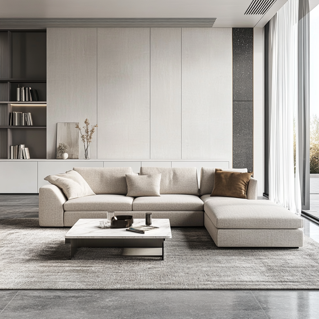 Photorealistic image of a spacious, minimalist modern living room. The room features a light grey sectional sofa, a white marble coffee table, sand-toned armchairs, and an expansive white oak bookshelf. The design uses a neutral color palette with beige, grey, and white tones, highlighted by natural light through a large frameless window with sheer drapes.