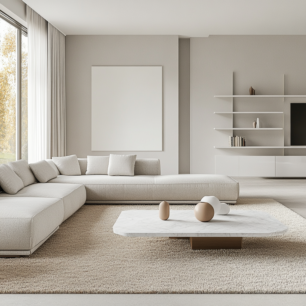 Photorealistic image of a modern living room with a neutral color palette, featuring a light grey sectional sofa, white marble coffee table, sand-toned armchairs, a large frameless window with sheer white drapes, and an expansive white oak bookshelf, all flooded with natural light.