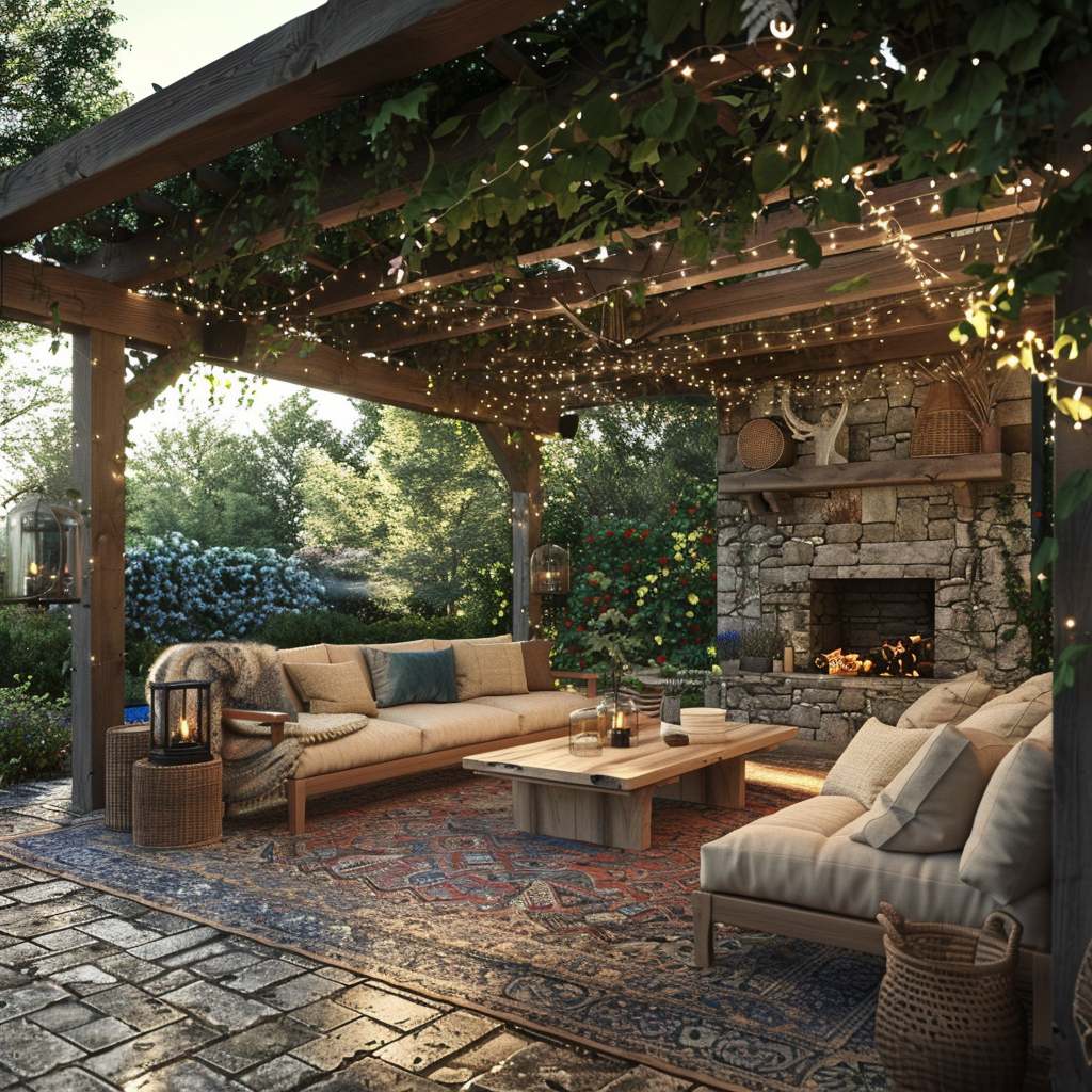 Outdoor living room featuring rustic and farmhouse elements with reclaimed wooden coffee table, plush linen seating, wooden bench with throw pillows, string lights, wrought-iron chandelier, flagstone flooring, and a fieldstone fireplace in a tranquil countryside setting.