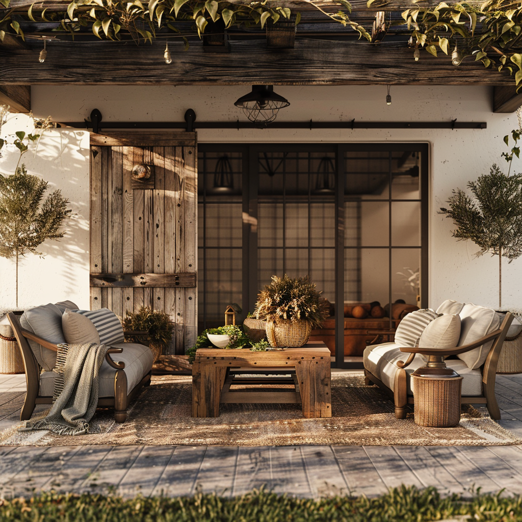 Photorealistic 8K outdoor living space with rustic farmhouse charm, featuring a reclaimed wood coffee table, distressed leather armchairs, a weathered farmhouse sofa, and a hand-woven area rug. Soft golden-hour sunlight filters through surrounding trees, enhancing the earthy tones and natural textures.