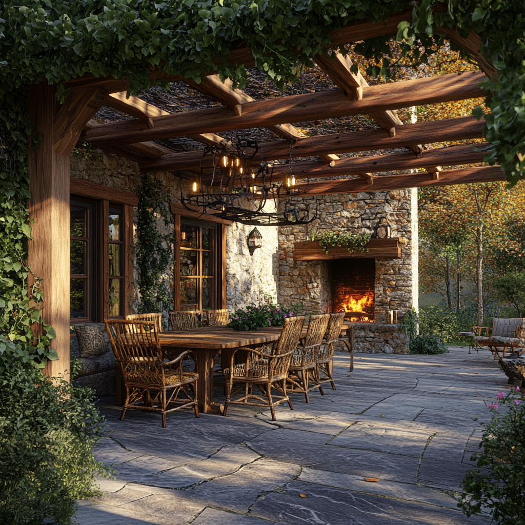 8K photorealistic rendering of a rustic outdoor patio area featuring a wooden dining table with handcrafted chairs, stone fireplace, wooden beams, and a wrought-iron chandelier under an overhead pergola with climbing ivy, designed to blend with a 2-bedroom rustic house.