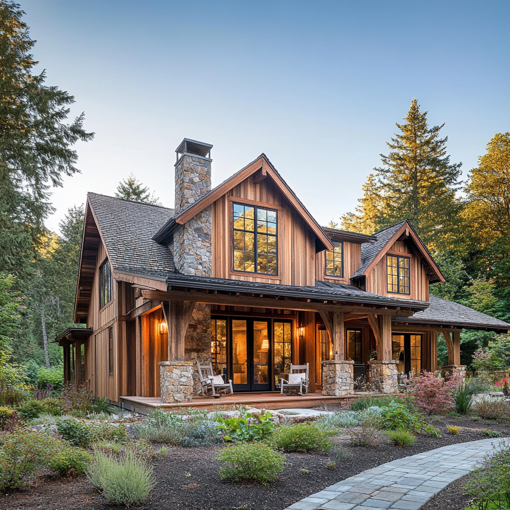 Cozy rustic home exterior with wood finishes and a stone foundation, nestled in a serene, forested landscape under a clear blue sky at golden hour. The home features a symmetrical design with two gables, a welcoming porch with rocking chairs, and a vintage lantern light fixture. A natural garden with native plants and a cobblestone pathway leads to the wooden front door.