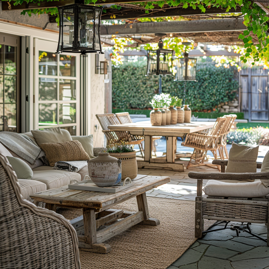 Serene outdoor living room with rustic farmhouse style, featuring a weathered oak dining table, hand-carved wicker-back chairs, neutral-toned cushioned sofa, reclaimed wood side tables with vintage lanterns, and an antique wrought-iron chandelier.