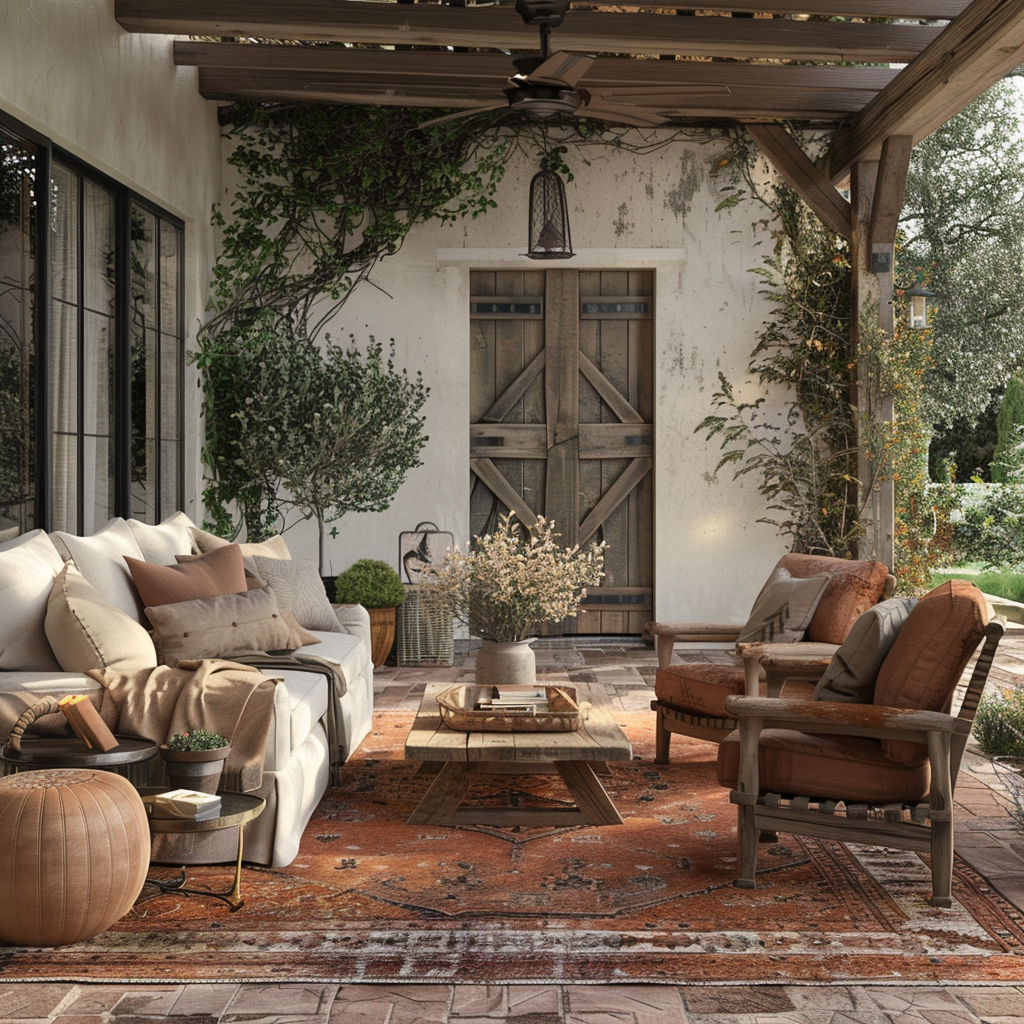 A serene rustic outdoor living space exuding farmhouse charm, featuring a reclaimed wood coffee table, distressed leather armchairs, and a weathered farmhouse-style sofa, bathed in golden-hour sunlight. The setting is complemented by earthy tones and natural textures, including an upcycled barn door as a focal point.