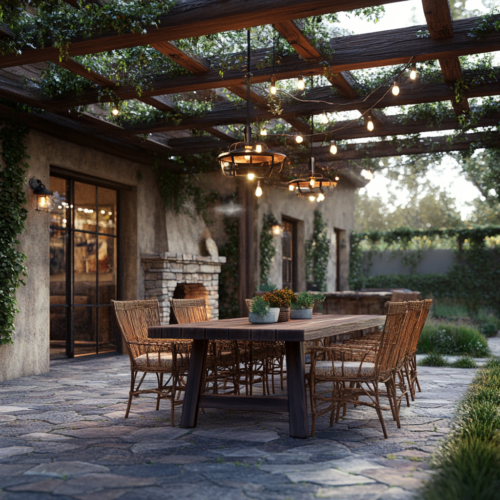 Photorealistic 8K rendering of a rustic outdoor patio with wooden dining table, handcrafted chairs, stone fireplace, and a pergola with climbing ivy and hanging Edison bulb string lights. The image captures the cozy cabin feel of the space, blending indoor and outdoor living with natural light and a warm color palette.