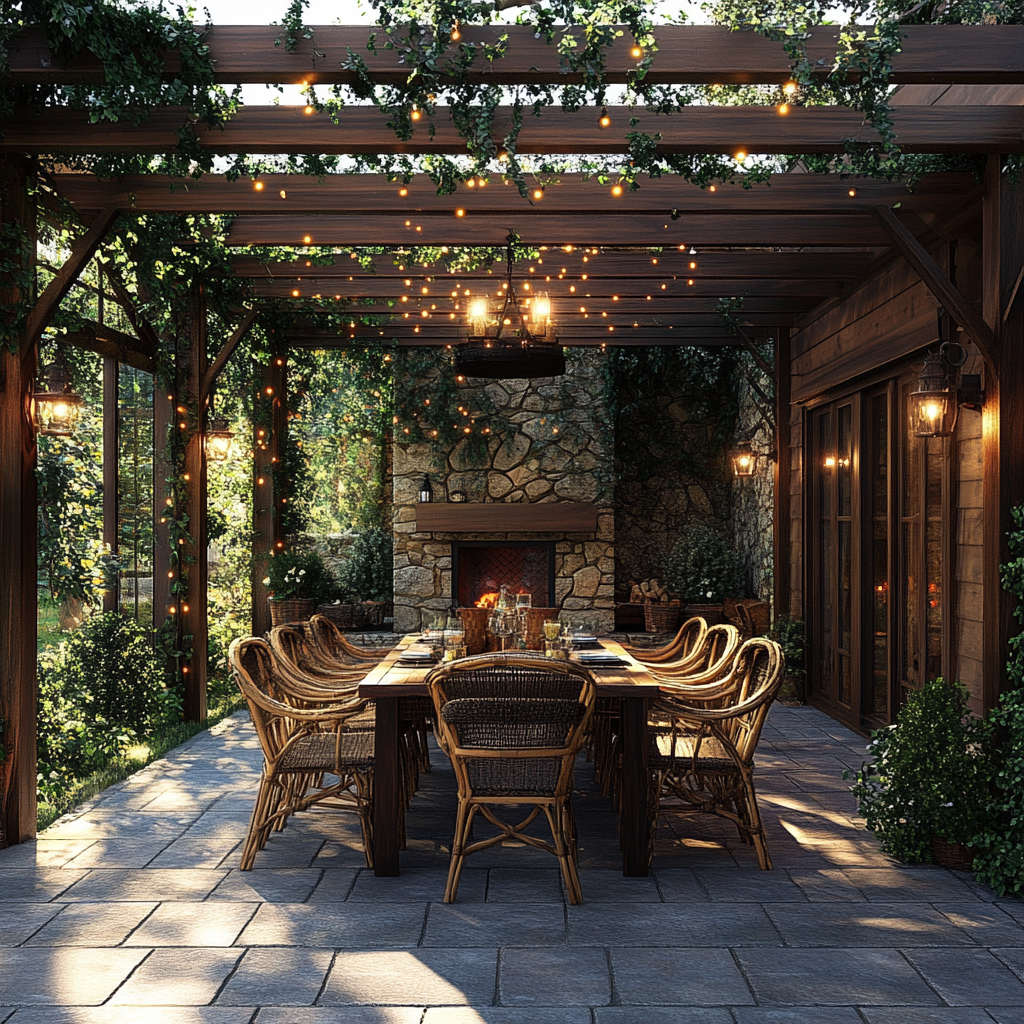 A realistic rendering of a rustic outdoor patio featuring a wooden dining table, handcrafted chairs, wooden pergola with ivy, hanging Edison bulb string lights, flagstone floor, stone fireplace, and a wrought-iron chandelier, captured in 8K resolution.