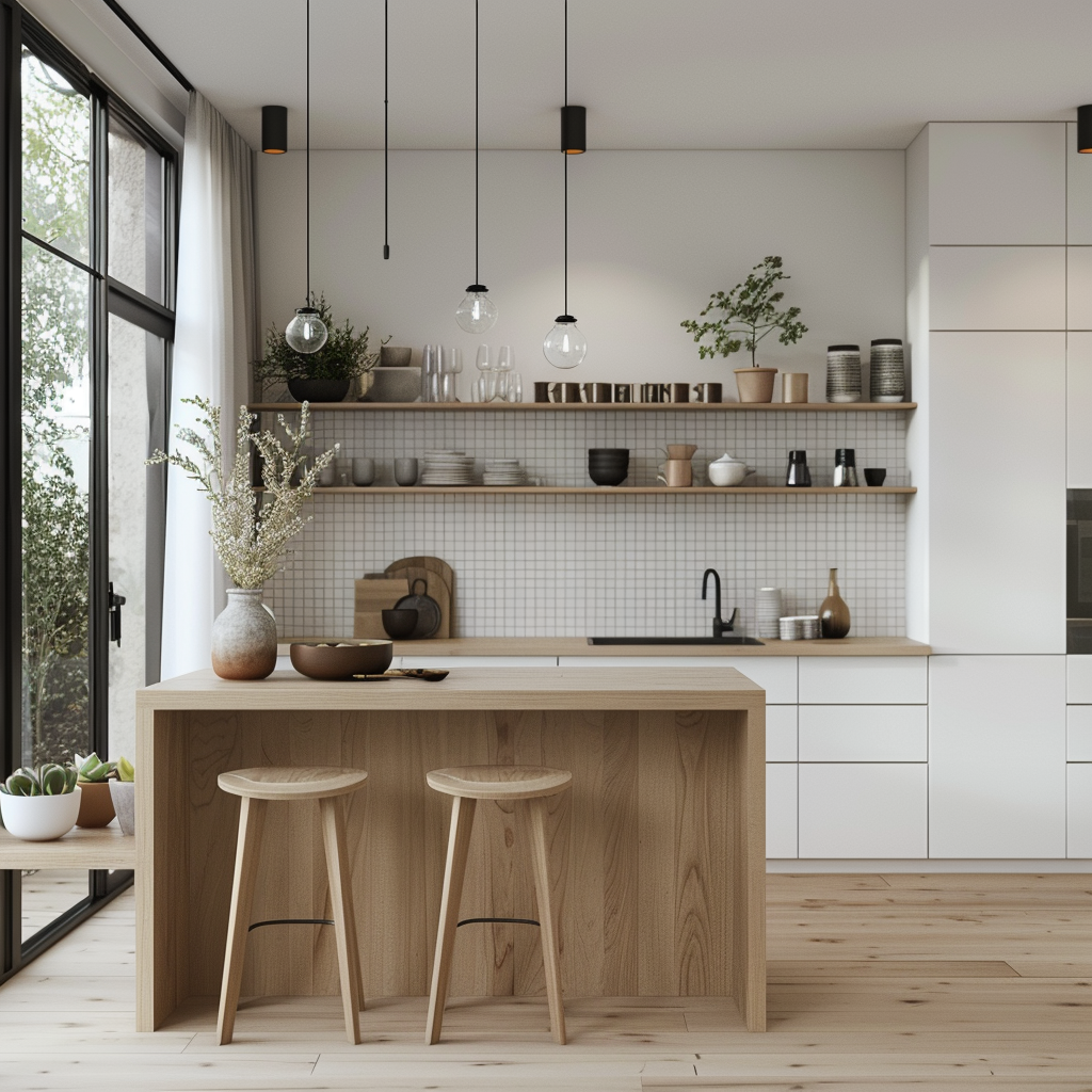 A serene Scandinavian-style kitchen featuring a minimalist design with white and pale gray tones, natural wood accents, sleek cabinetry, a central island with light wood countertop, and minimalist high stools, captured in photorealistic 8K resolution.