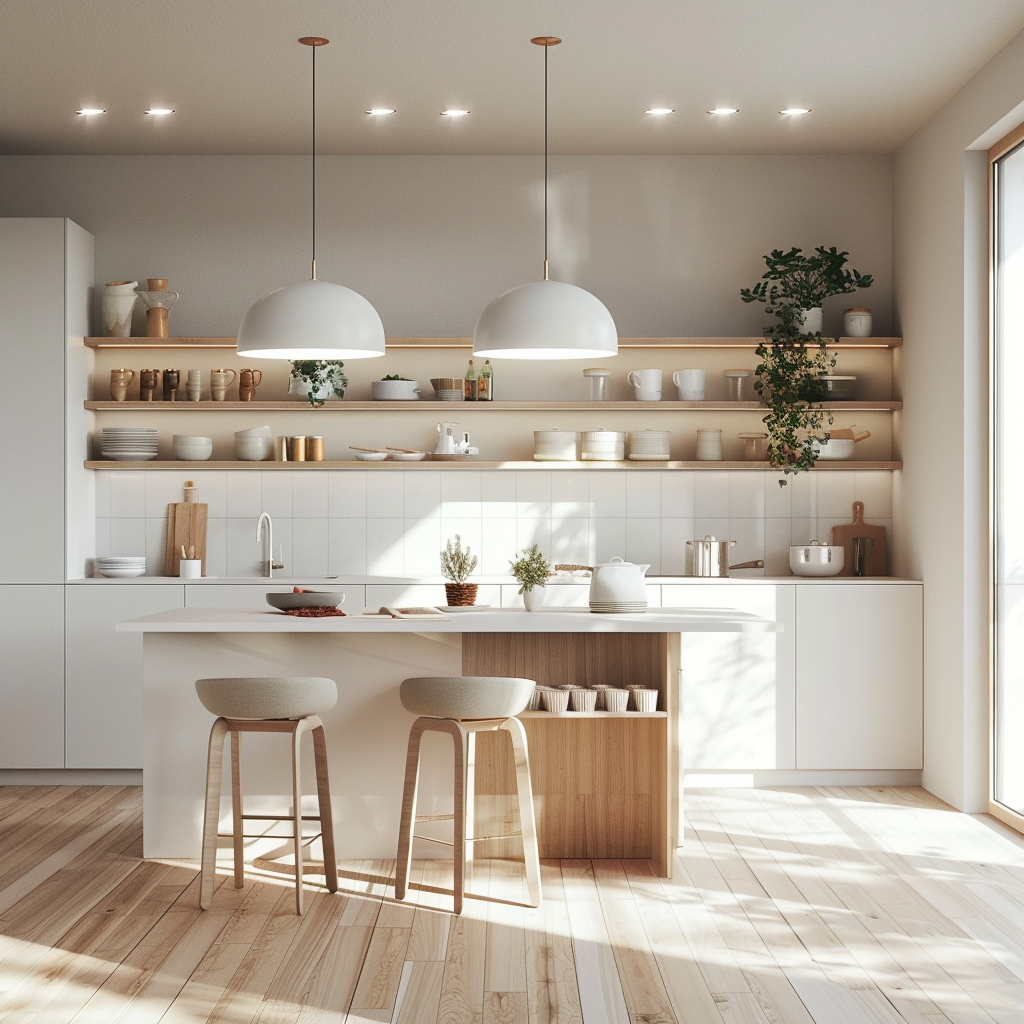 Scandinavian-style kitchen with white cabinetry, light wood countertop island, high stools, expansive windows, recessed ceiling spotlights, and pendant lamps, showcasing a minimalist, modern design in a serene monochrome palette.