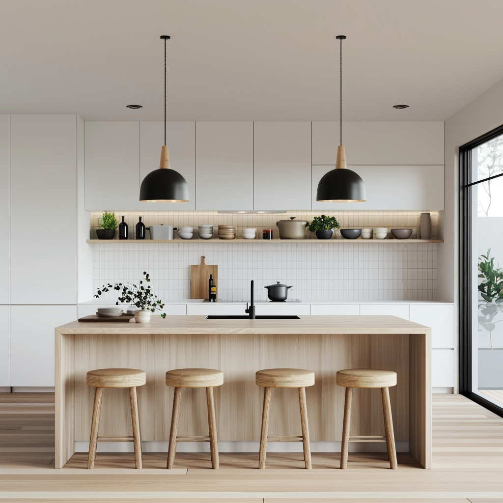 Serene Scandinavian-style kitchen featuring white cabinetry, light wood countertop island, minimalist high stools, expansive windows, recessed ceiling spotlights, chic pendant lamps, and an open shelving unit with ceramics and plants, captured in 8K resolution.