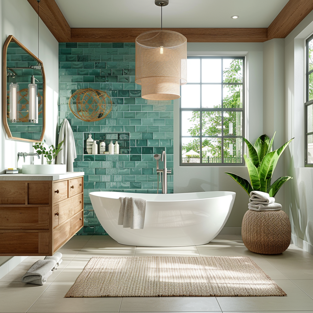 A serene, spa-like room with a standalone soaking tub, floor-to-ceiling windows, a floating wooden vanity, an emerald green tile wall, and a mix of natural hues and textures, captured in 8K resolution.