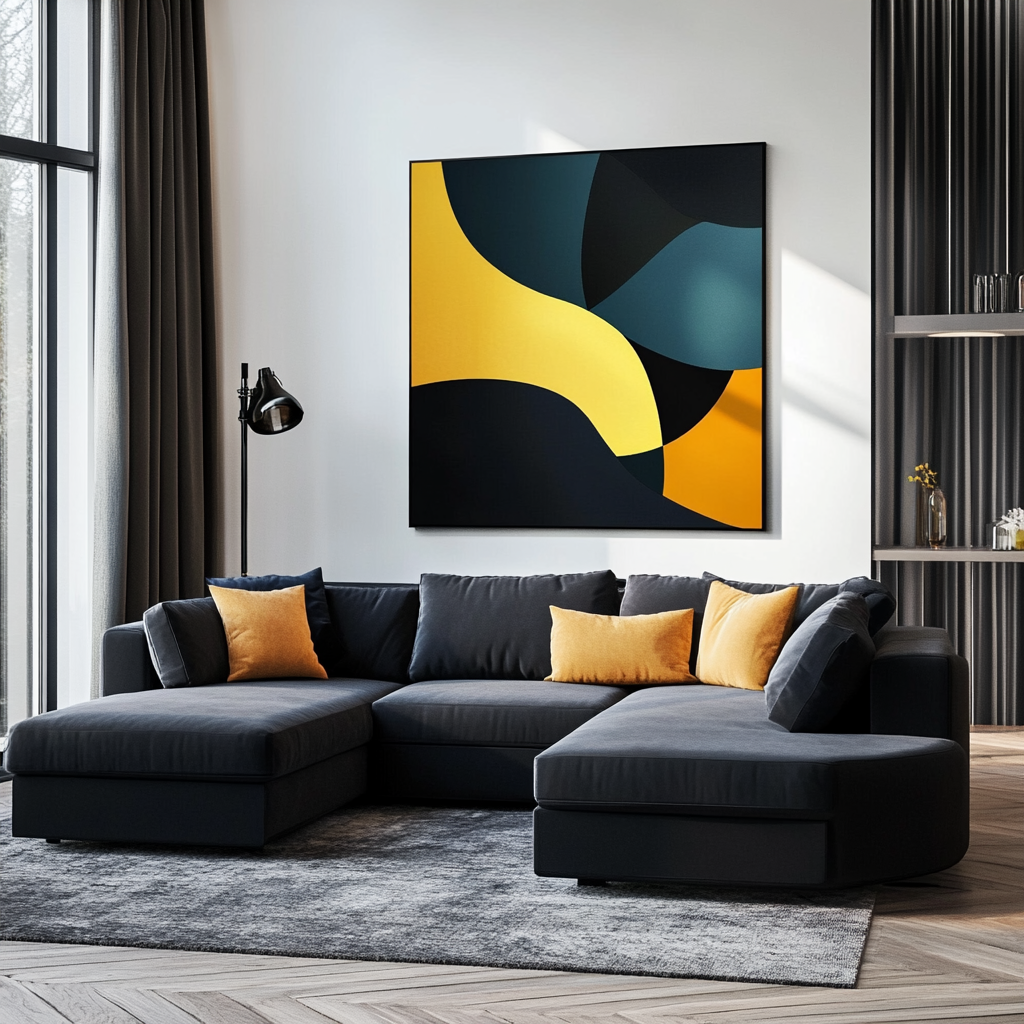 Photorealistic modern living room with a navy or charcoal sectional sofa, bold abstract art, deep navy and mustard yellow accents, natural and artificial lighting, and a minimalist, sophisticated design.