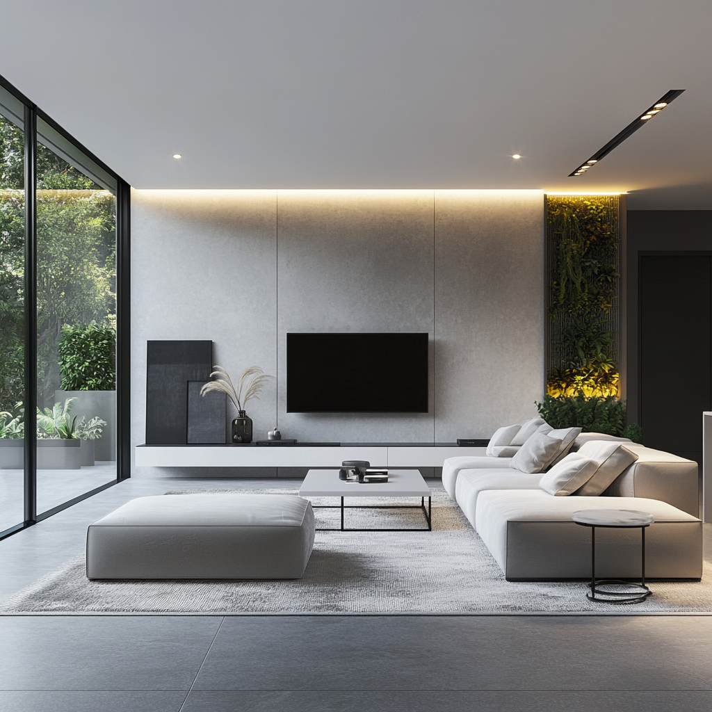 Modern living room with light gray sectional sofa, glossy white coffee table, matte black side tables, abstract monochromatic art, and floor-to-ceiling windows, featuring a minimalist media console and a plush dark gray area rug on polished concrete floors.