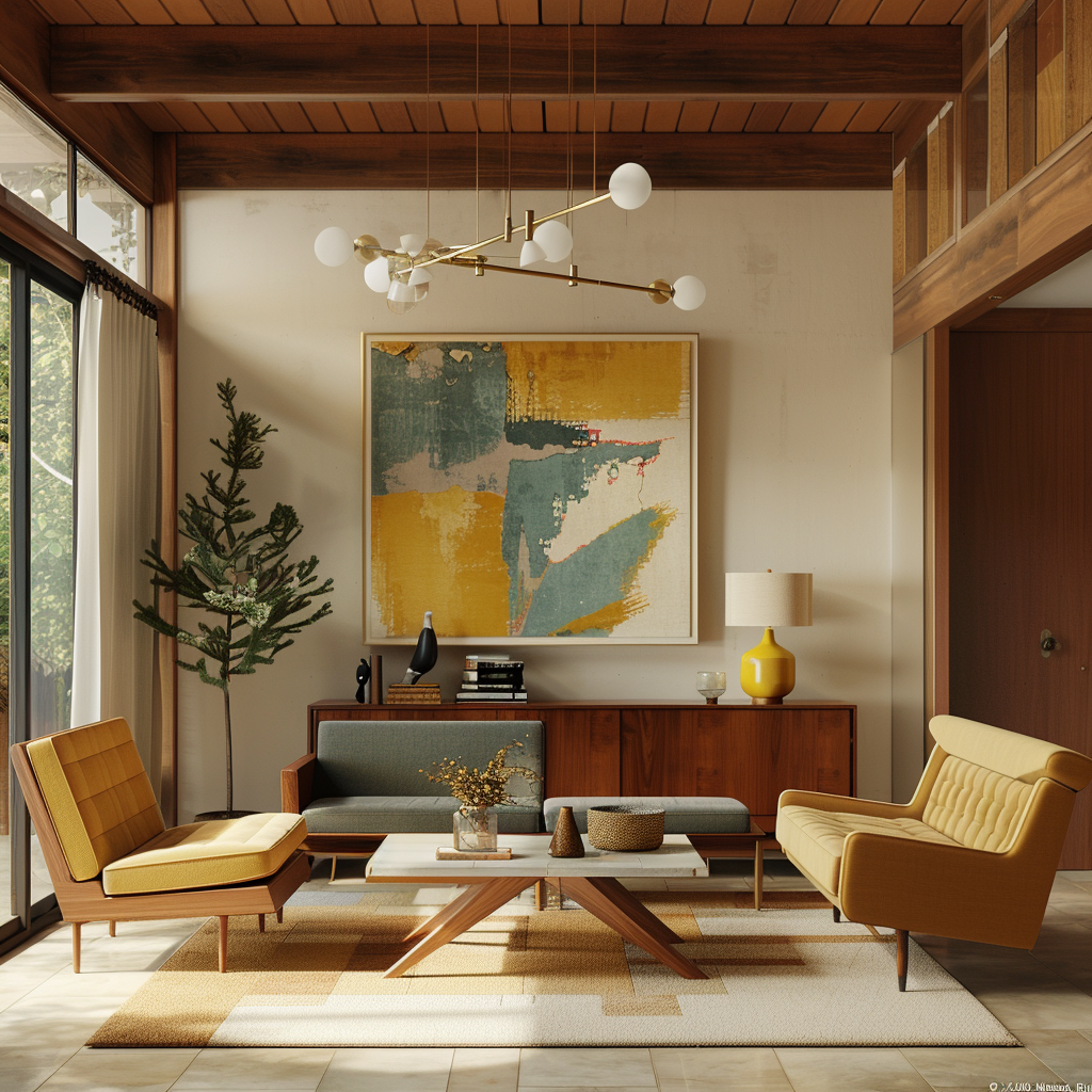 Mid-century modern living room with walnut coffee table, tufted charcoal sofa, mustard yellow armchairs, teak sideboard, abstract painting, and a potted fiddle-leaf fig tree. Photorealistic interior with natural tones and abundant natural light.