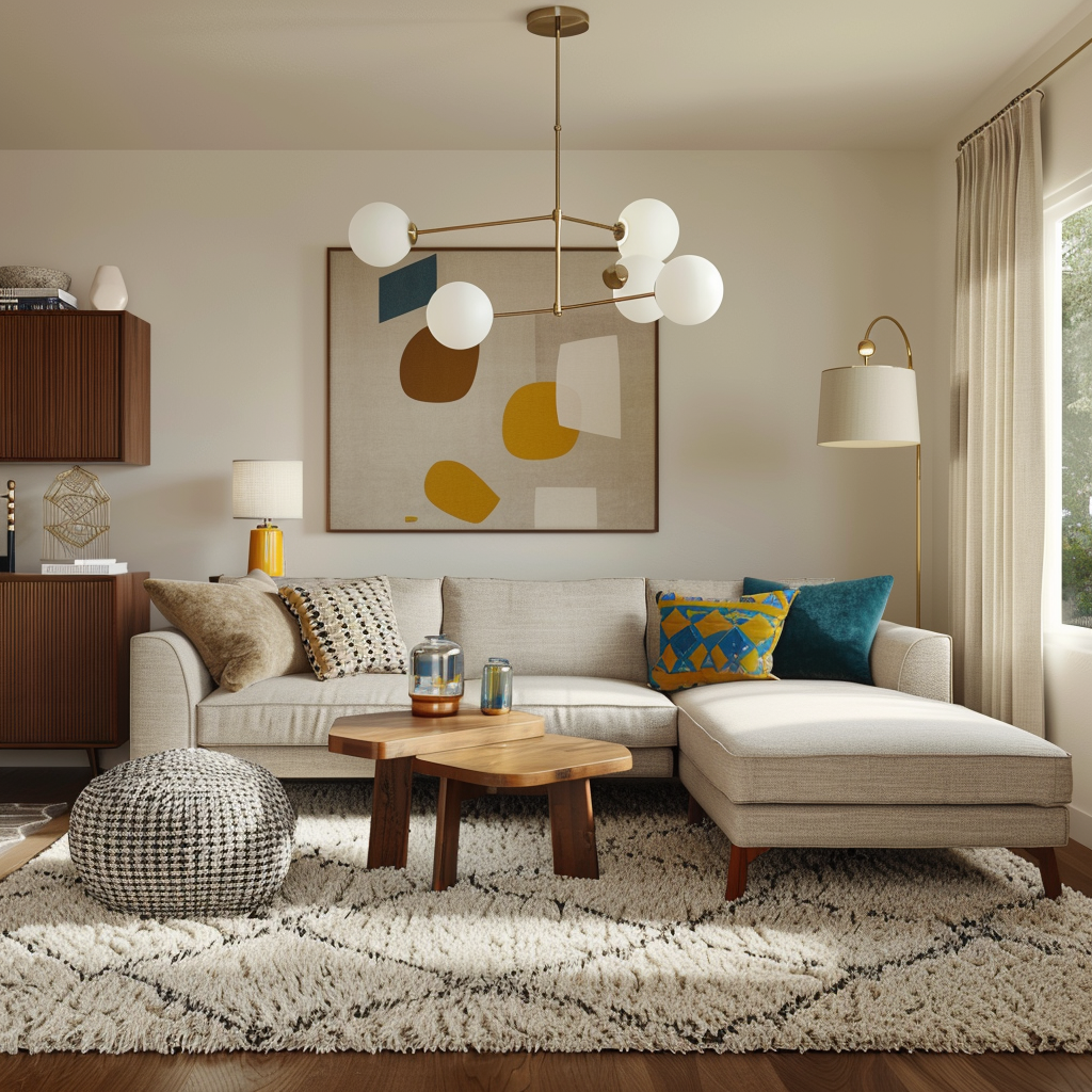 A sophisticated living room blending mid-century modern and contemporary design, featuring a light gray sectional sofa, teak coffee table, walnut sideboards, deep teal and mustard yellow accents, and a sculptural Sputnik chandelier. The space is enhanced by natural light and various geometric patterns.