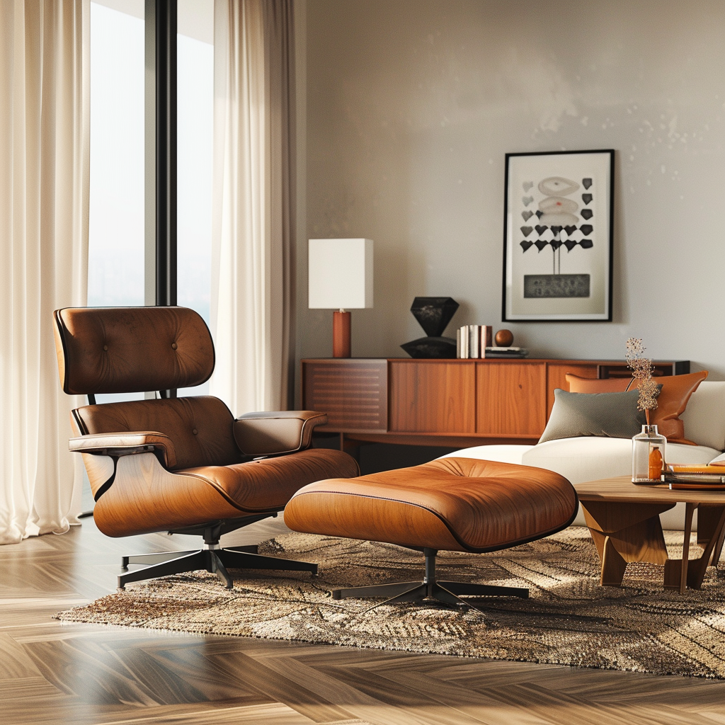 Photorealistic mid-century modern living room with a classic Eames lounge chair and ottoman as the focal point, featuring warm neutral tones, walnut wood accents, and pops of burnt orange and teal. The room includes a sleek walnut coffee table, mid-century modern sofa, and a statement credenza, lit by natural light from floor-to-ceiling windows and a warm tripod floor lamp. Detailed textures and a gallery wall of black-and-white photographs complete the sophisticated, inviting setting.