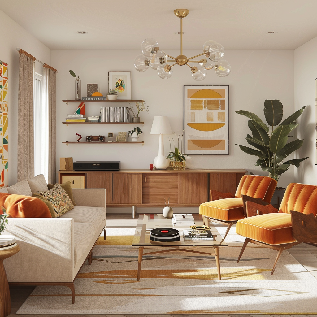 Mid-century modern living room with clean lines, warm earthy tones, vibrant accent colors, iconic furniture, natural light, and a Sputnik chandelier.