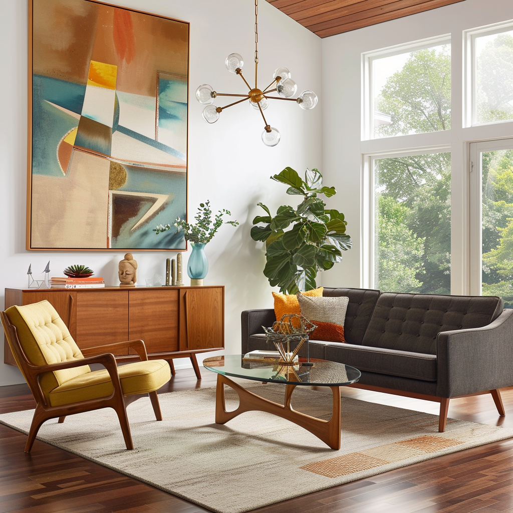 Sophisticated mid-century modern living room featuring a walnut wood coffee table, tufted charcoal gray sofa, mustard yellow armchairs, and a teak wood sideboard with natural lighting and a bold abstract painting hanging above the sideboard.