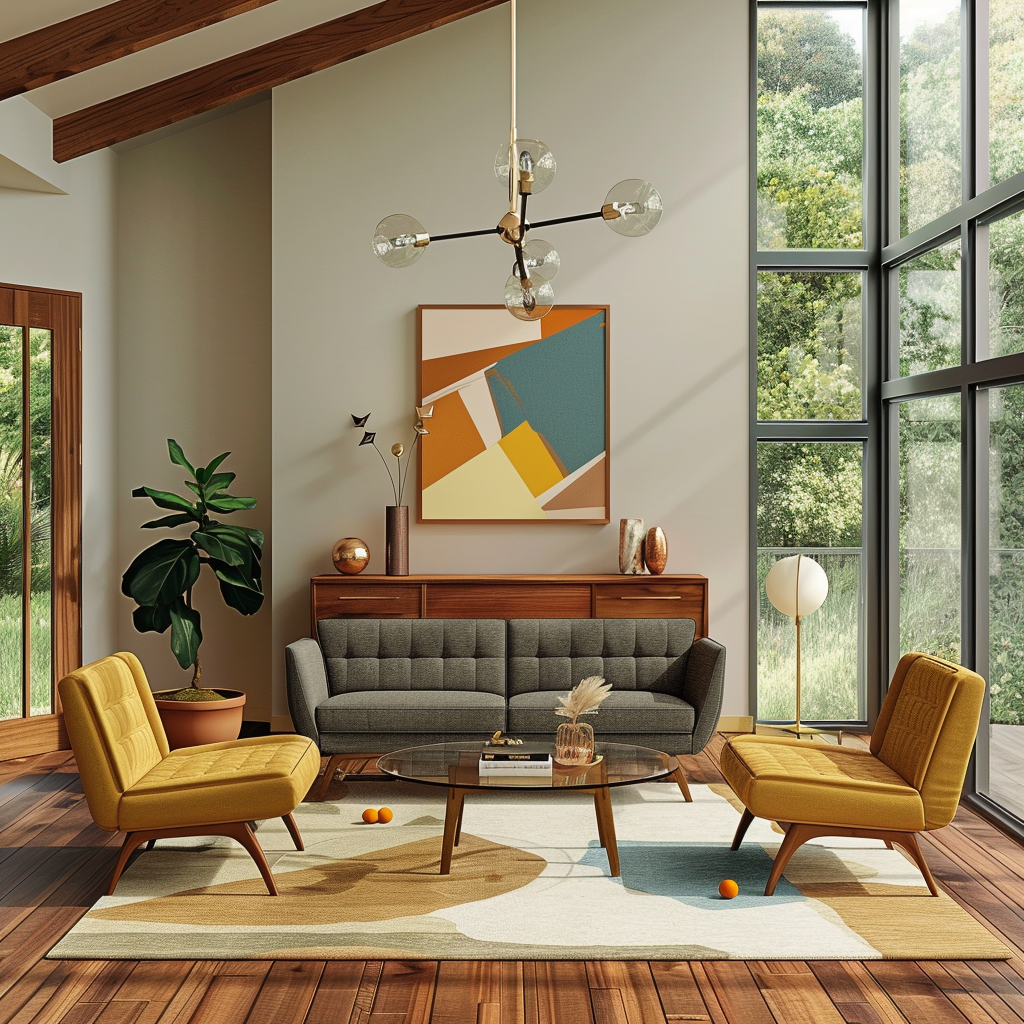 Mid-century modern living room featuring a walnut coffee table, gray tufted sofa, mustard yellow armchairs, and a teak sideboard against a backdrop of natural light from large windows. A focal abstract painting and a potted fig tree add depth to the elegant, earthy color scheme.