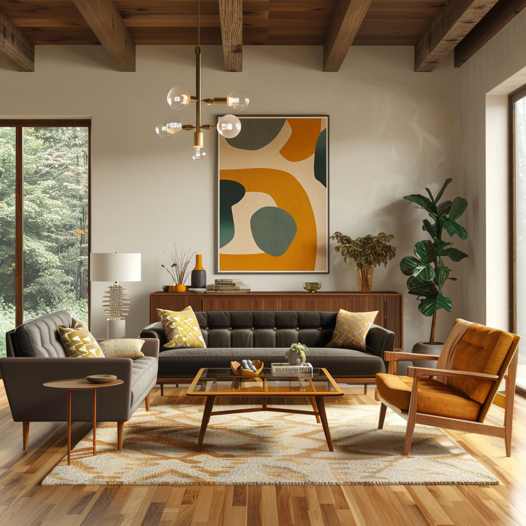 A sophisticated mid-century modern living room with clean lines, rich walnut browns, mustard yellow accents, and a tufted charcoal gray sofa, featuring a central walnut coffee table, teak wood sideboard, and an abstract painting above. Large windows provide abundant natural light with sheer white curtains.