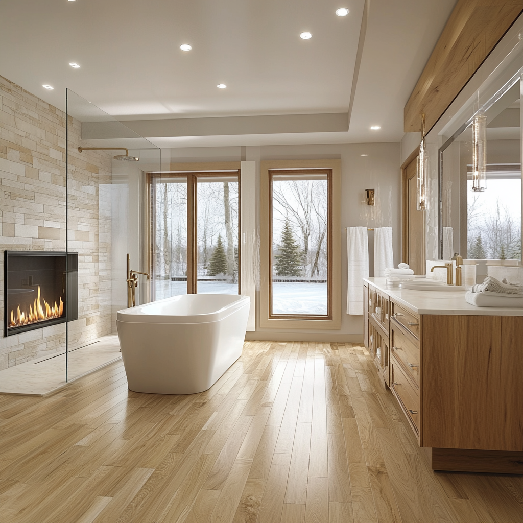 Luxurious modern bathroom with exotic hardwood floors, freestanding white bathtub, brushed bronze fixtures, floating vanity, stone accent wall, natural light from frosted window, and cozy fireplace.