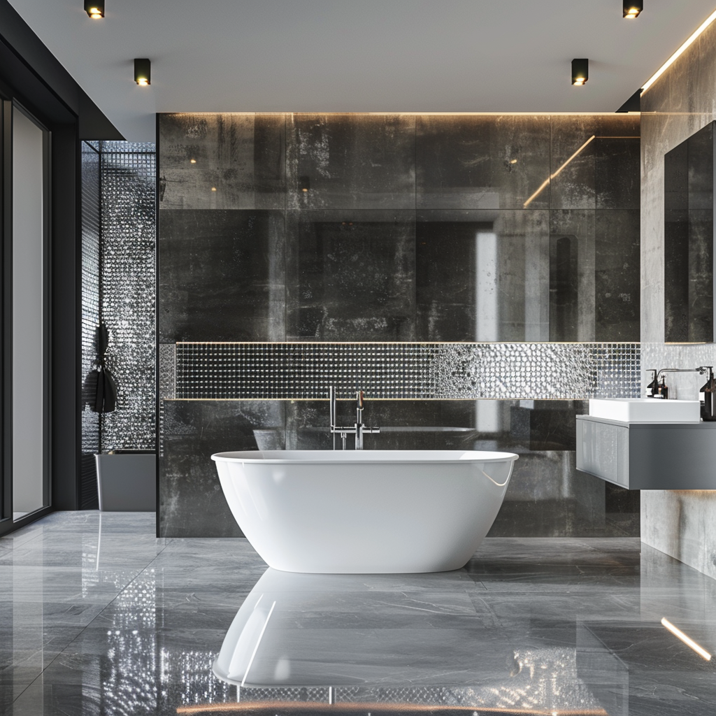 Modern bathroom interior with reflective metallic tiles, a freestanding bathtub, floating vanity, and glass-enclosed shower. Natural light streams in, highlighting the luxurious design.