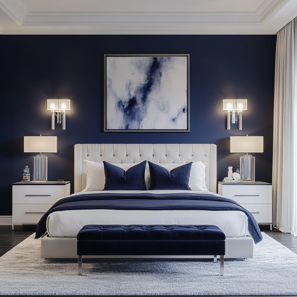 Elegant modern bedroom featuring a deep navy accent wall, dove grey upholstered king-sized bed with a grey headboard, white nightstands, navy velvet bench, fluffy white rug, satin and velvet linens, and an abstract painting.