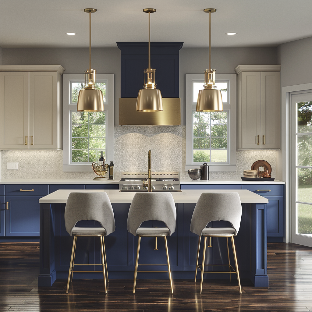 Close-up of modern kitchen cabinet hardware in a sleek, sophisticated setting with cool grays, crisp whites, brushed gold accents, and deep navy. Features include a minimalist island, sleek bar stools, under-cabinet LED lighting, and a waterfall-edge countertop.