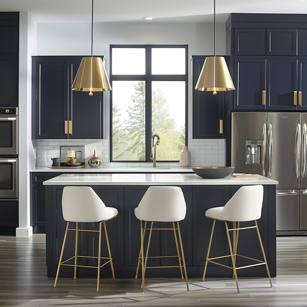 Close-up shot of elegant satin gold kitchen cabinet hardware in a modern kitchen, featuring a minimalist island, sleek bar stools, and polished stone countertops with a subtly textured tile backsplash in cool grays and crisp whites.