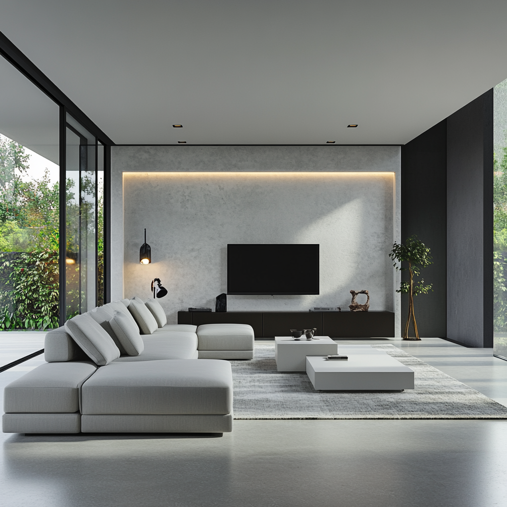 Spacious modern living room with a monochromatic palette, featuring a light gray sectional sofa, white coffee table, black side tables, abstract art, floor-to-ceiling windows, polished concrete floors, and a vertical indoor garden.